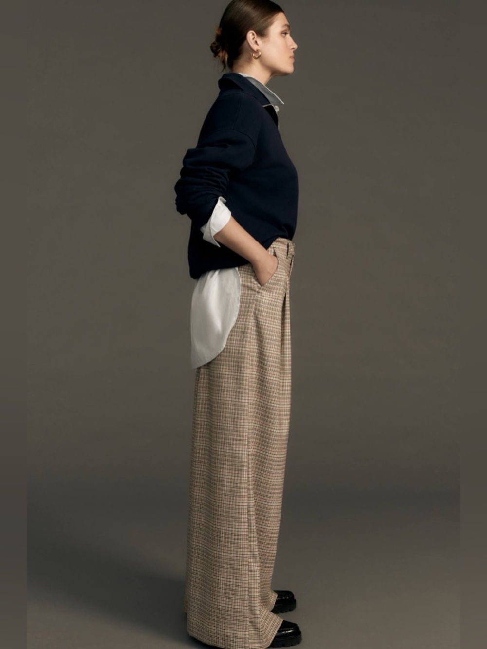Maeve The Avery Pleated Wide-Leg Trousers Plaid in Ivory Combo - Size 8 - Picture 3 of 12